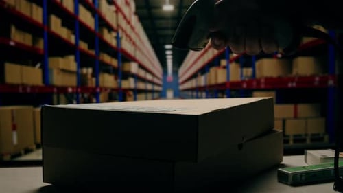 Scanner Scan Delivery Box in Storage Ecommerce Shop Man Packing Goods and Clothes Second Hand