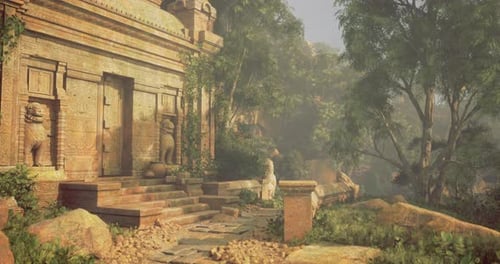 Explorez un ancien temple de pierre entouré de verdure luxuriante et de soleil