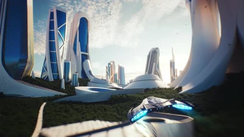 4K, Fake 3D video game. Utopia city spaceship fake game