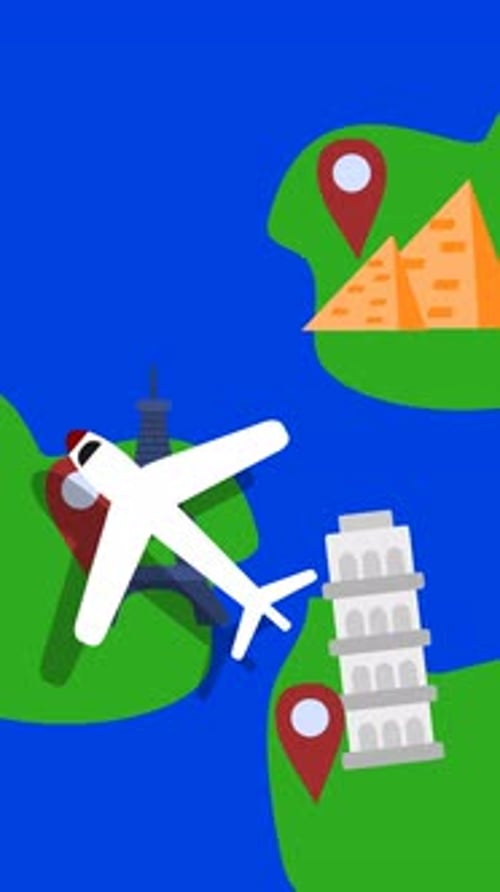 Animated Flat Design World Map with Travel Landmarks