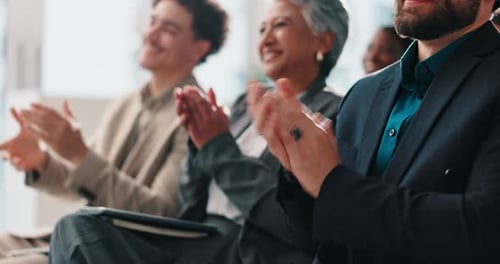 Colleagues, applause and group in workshop, celebration or success for training session or audience