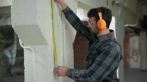 Man Builder Architect Checking Wall Measure Tape Ruler Building Measuring Tool Guy Male Inspector