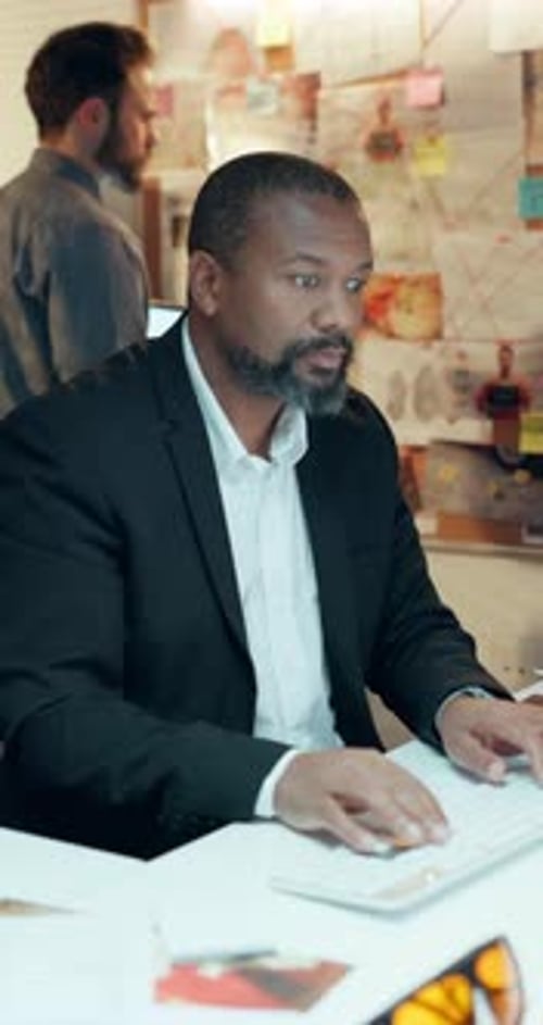 Detective, man and search on computer in office for police records, problem solving and night