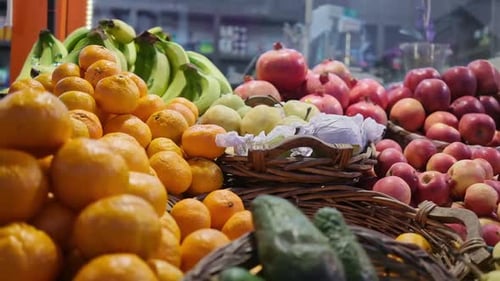 Fresh Fruits and Vegetable Shelf in Grocery Store Supermarket Healthy Food Nutrition Close Up