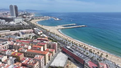 Barceloneta Beach. Beach Landscape. Bay Harbor Scenery. Downtown District.