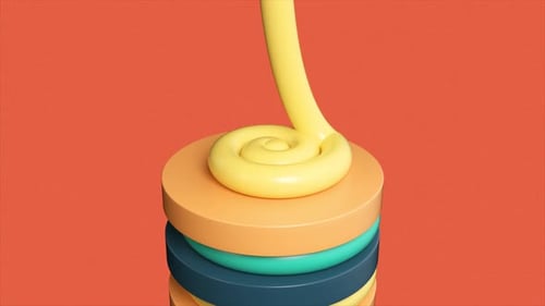 A Vibrant Playful Stream of Yellow Twists Into a Spiral Atop Colorful Stacked Rings Against a Lively