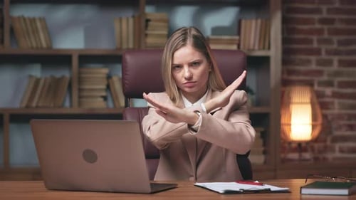 Angry Entrepreneur Showing Stop Gesture and Saying No
