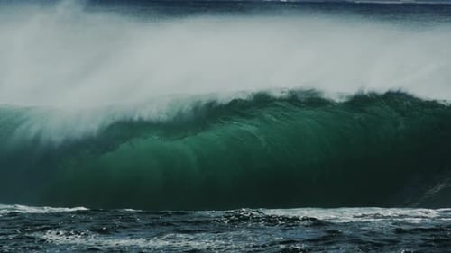 Dark Green Wave Thickens and Throws Spray Wide as It Crashes Down, Slow Motion