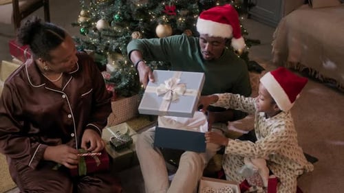 Family Opening Presents Under Christmas Tree