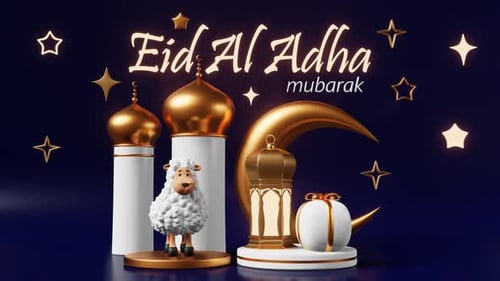Eid al-Adha greeting 3d animation loop. Islamic mosque sheep sacrifice crescent gift podium 4K