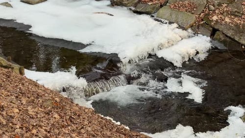 Winter river landscape: A small stream flows through ice and snow
