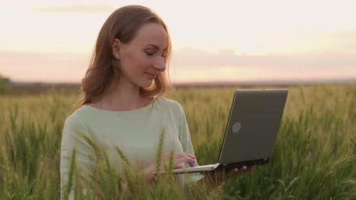 Agronomist Keeps Records Standing in a Wheat Field