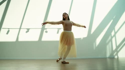 Graceful Ballerina Performing Classical Ballet in a Bright Studio