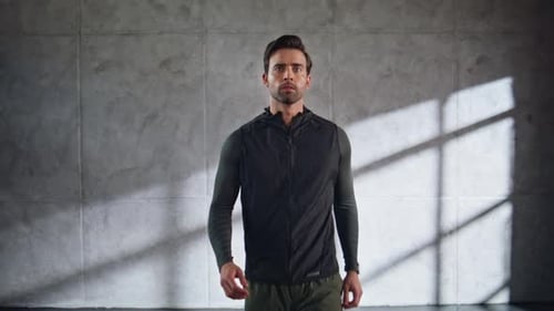 Sport Man Tracking Result at Loft Room Closeup Guy Athlete Using Smart Watch