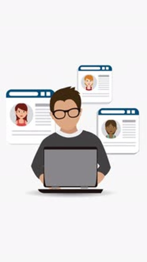 Animated User Profiles Appearing Around Laptop User