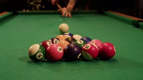 Young Man Playing American Billiard Pool Poule Closeup Colorful Balls on Green Billiards Table