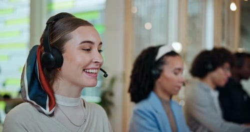 Call center, headset and businesswoman with consulting for question, advice