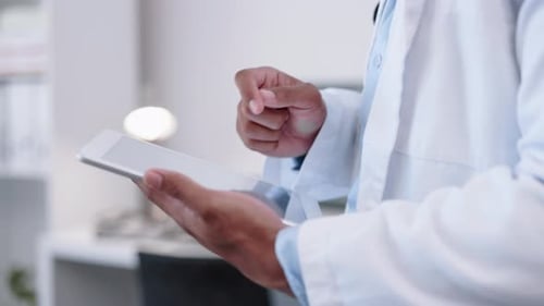 Closeup, research and hands with a tablet, medical and planning for big data