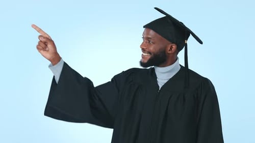 Graduation, man or college student pointing and ok sign with studio faq, list or checklist space