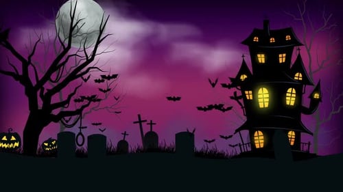 Spooky Halloween Animated Background with Haunted House and Moon