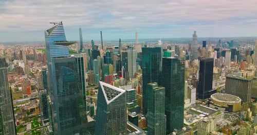 Stunning view of the modern architecture of New York. Mirror skyscrapers towering over the city.