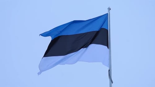 Estonian Flag Waving Against Light Blue Sky Background