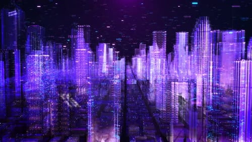 Digital Cityscape Network with Glowing Data and Futuristic Buildings