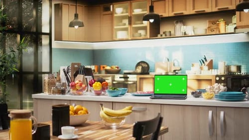 Chroma Key Screen Laptop Placed on Empty Wooden Table in Rustic Kitchen Space