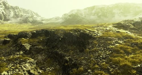 Majestic Mountain Landscape with Rocky Terrain and Lush Vegetation in Sunlight