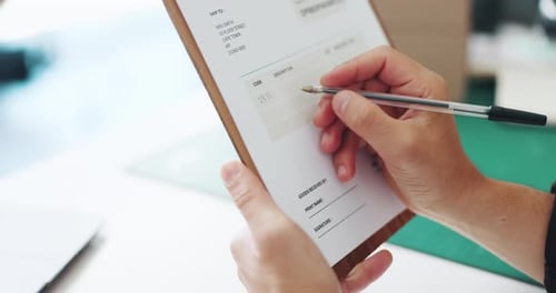 Clipboard, hands and logistics with person in office, checking order for shipping