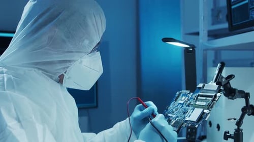 Microelectronics Engineer Works in a Modern Scientific Laboratory on Computing Systems and