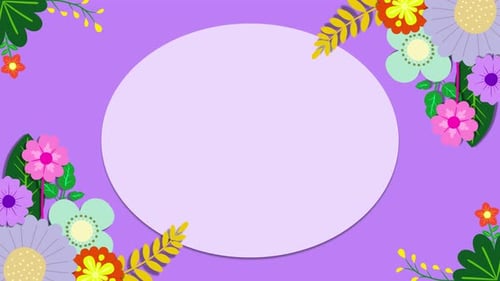 Beautiful floral cartoon animation spring with oval frame. With lavender background.