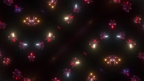 Abstrakte leuchtende geometrische Formen, die im dunklen Raum mit Umgebungslicht schweben