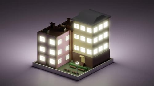 3D Loop of Multistory Residential Building at Night Isometric View