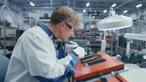 Un homme et une jeune femme en blouse de travail bleue et blanche utilisent une pince à épiler pour assembler un circuit imprimé