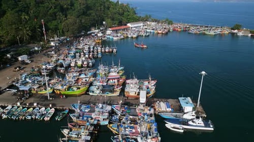 Überkopfdrohne schoss lebendige Fischerflotte, die im tropischen Hafen angedockt ist, mehrfarbige Fischerbootlinie