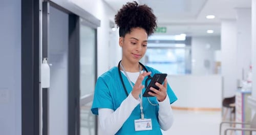 Smile, nurse and woman typing with phone, online wellness or telehealth in hospital