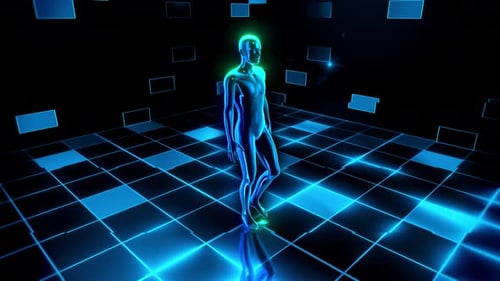 Glowing Humanoid Figure Walking in Futuristic Digital Grid