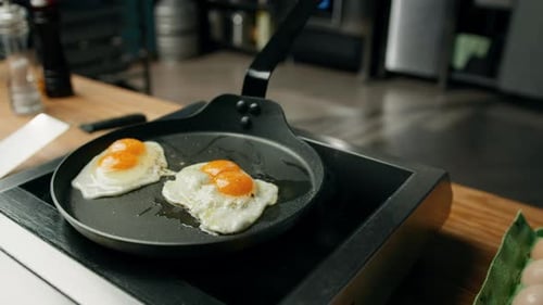 Two Eggs Cooking in a Frying Pan