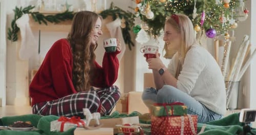 Hermanas alegres que hablan mientras sostienen tazas de café durante la Navidad en casa