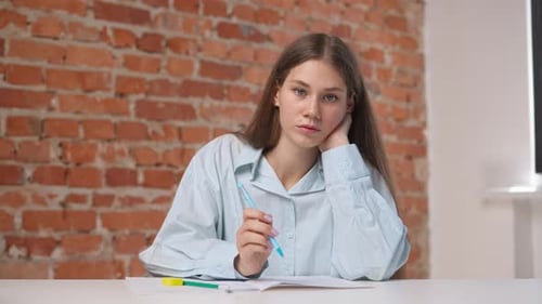 Woman College Student Studying at Home Pov Sitting at Desk Listening Watching Lesson Online on