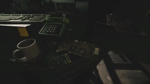 An Old Computer Workstation Cluttered with Circuit Boards and a Coffee Cup