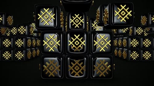 Abstract Golden Geometric Pattern on Rotating Black Cubes