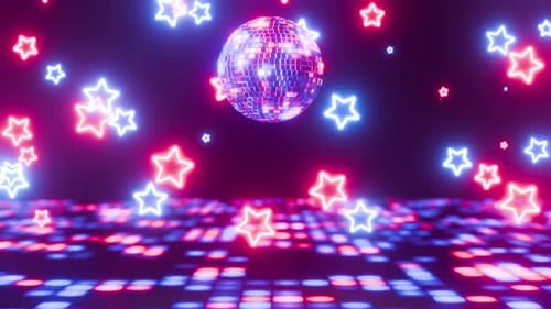 Luz brillante Pista de baile con brillantes estrellas giratorias. La bola de discoteca gira con estrellas
.