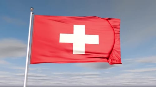 Realistic Swiss Flag Waving against Blue Sky Background
