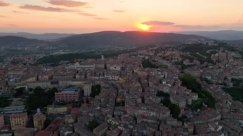 Aerial View of Perugia at Sunset Flying Over the Town of Perugia Umbria Italy