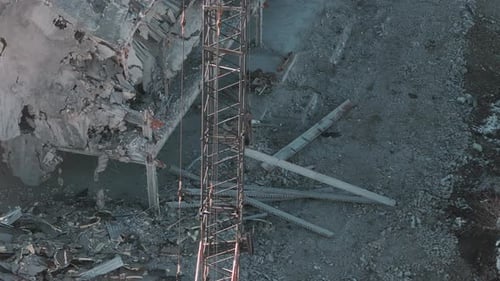 Aerial Shot of Destroyed Buildings Demolition of the Building Excavator Working Rubbish in a