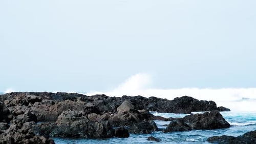Awesome Power Ocean Waves Breaking Over Dangerous Rocks