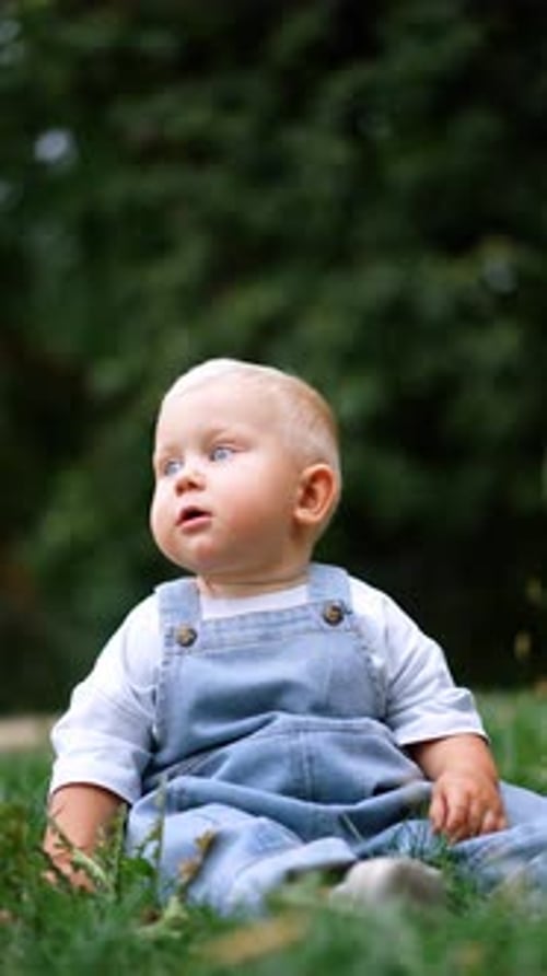 Entzückender blonder Kleinkind mit süßen, prallen Wangen sitzt im Gras.
