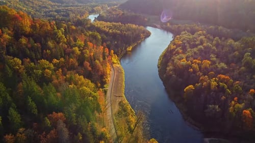 Aerial View of River through autumnal sunset forest landscape of Sigulda Latvia